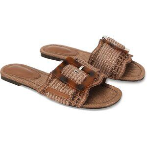 Women's Brown Buckle Straw Flats Woven Braided Rattan Slides Summer Sandals